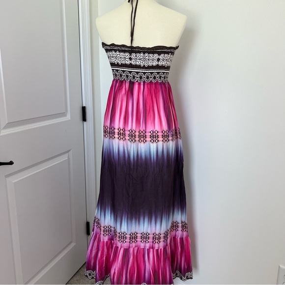 VTG Boston Proper Women’s Silk Cotton Maxi Dress Sz 8Tie Dye Beach Summer Halter - Picture 5 of 10